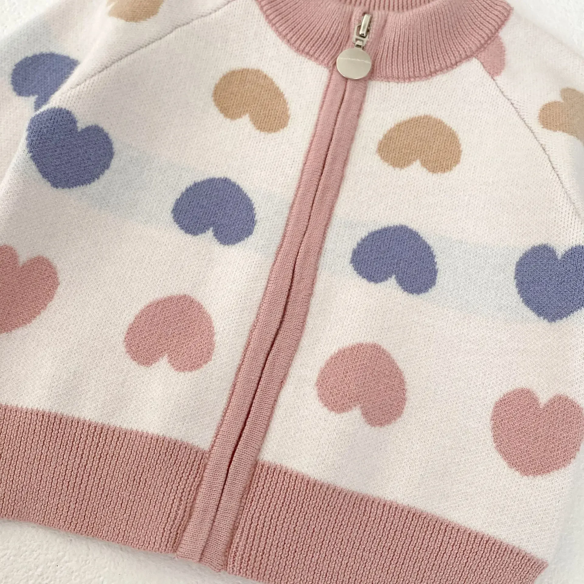 0-3T Heart Print Baby Girl Sweater Cardigan Newborn Kid Winter Clothes Knit Zipper Knitwear Coat Cute Sweet Sweater Outfit