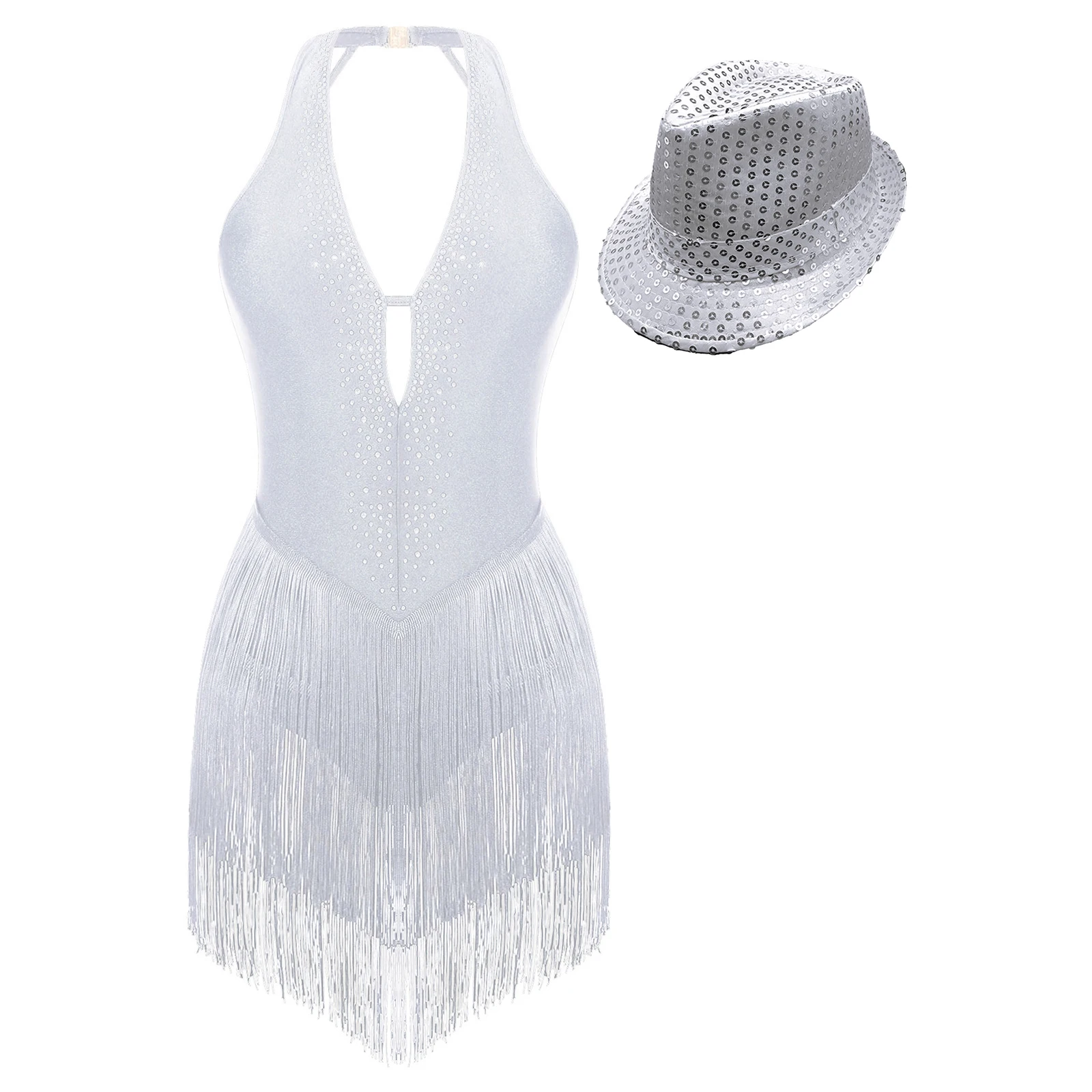 

Women Tassel Skirts Leotard Dress Latin Jazz Dance Dresses V Neck Backless Fringed Bodysuit Dress and Hat Set Tango Dance Wear