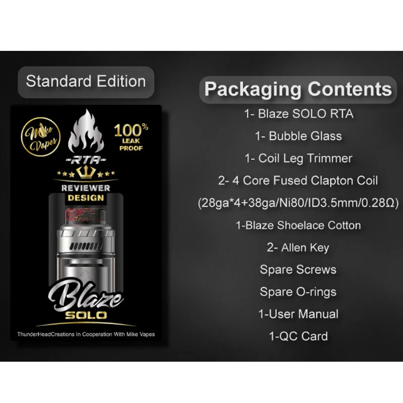 الأصلي Thunderhead Creations Blaze Solo RTA خزان البخاخة لفائف واحدة 3.5 مللي/5.5 مللي الزجاج العلوي ملء السجائر الإلكترونية Vape