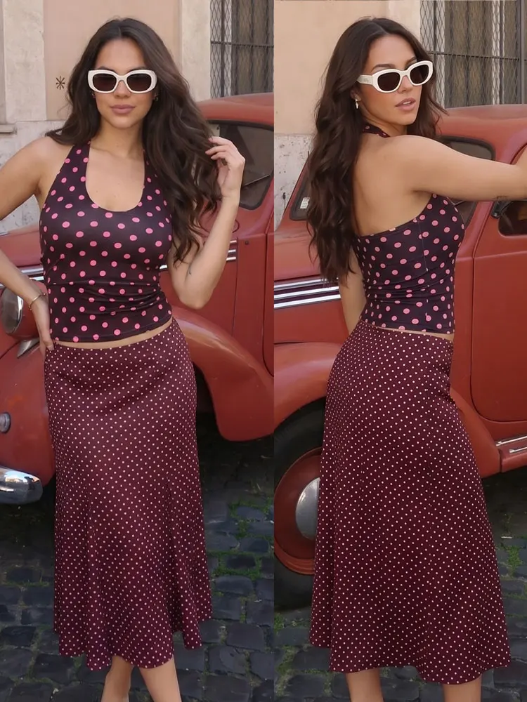 HH Fashion Retro Women Polka Dot Skirt Set New Slim Backless Halter Top Vest Elegant Ruffled A-Line Skirt Summer Beach Party Set