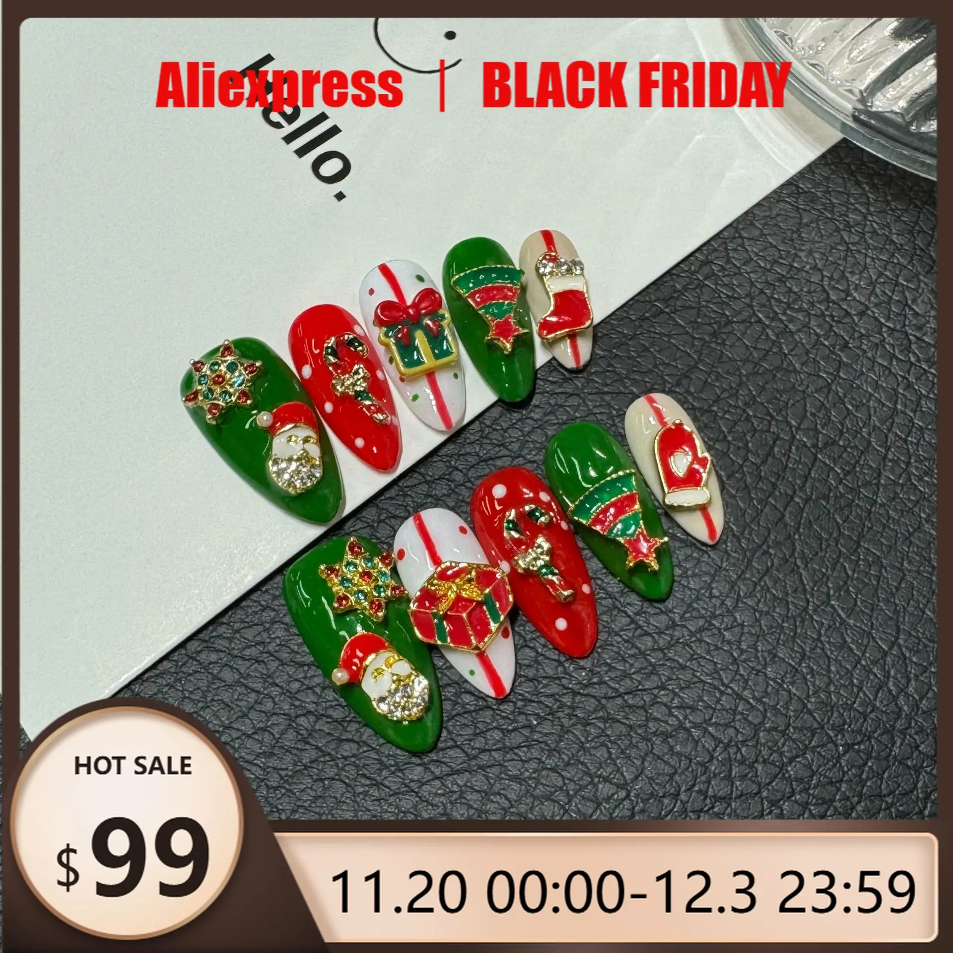 

10pcs Handmade Fake Nails Cute cartoon Christmas tree Almond Press on Nail Christmas Gift Detachable Holiday Themed Nail Tips