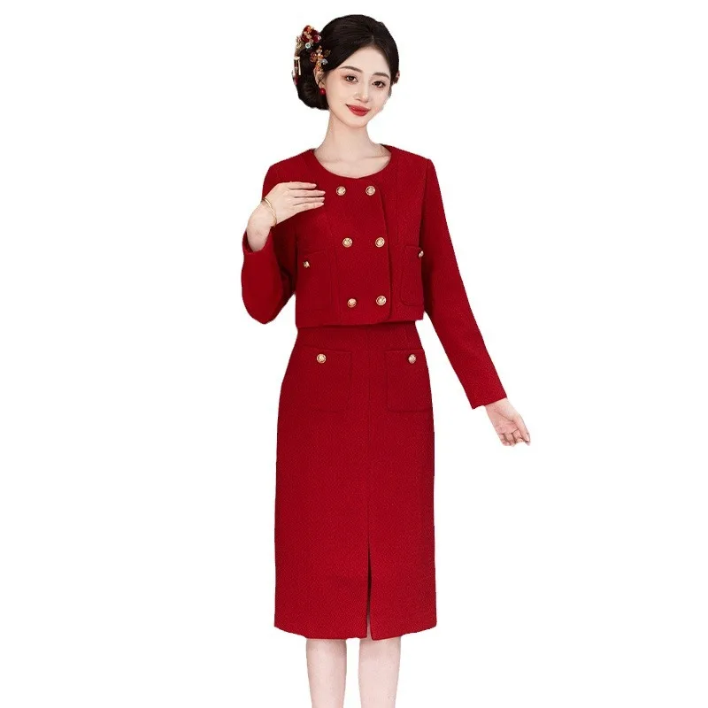 My Mei Er Classic Style Red Woolen Suit Women's Marriage Engagement Dress Autumn and Winter Bride Toast Clothes Two-Piece Set