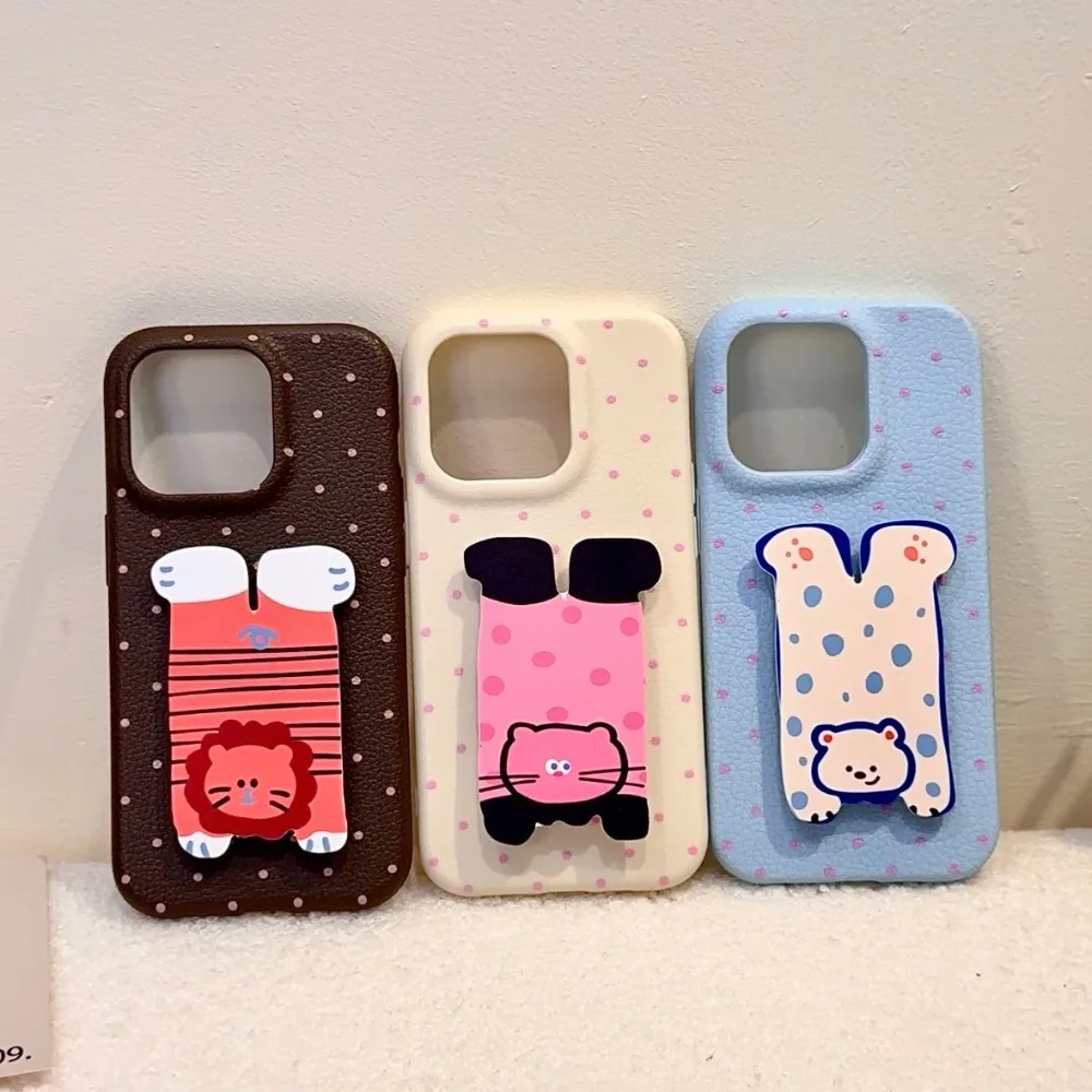 

Phone Case For iPhone 16 15 14 13 12 11 Pro Max Plus New Korean INS Polka Dot Print Soft Protective Cover With Animal Holder