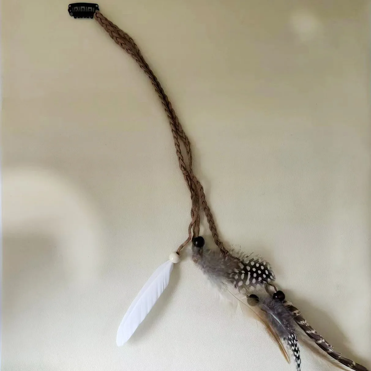 Extra Long Feather BB Clips Boho Braiding Ropes with Wood Beads Dreadlock Hair Jewelry Festival Accessory