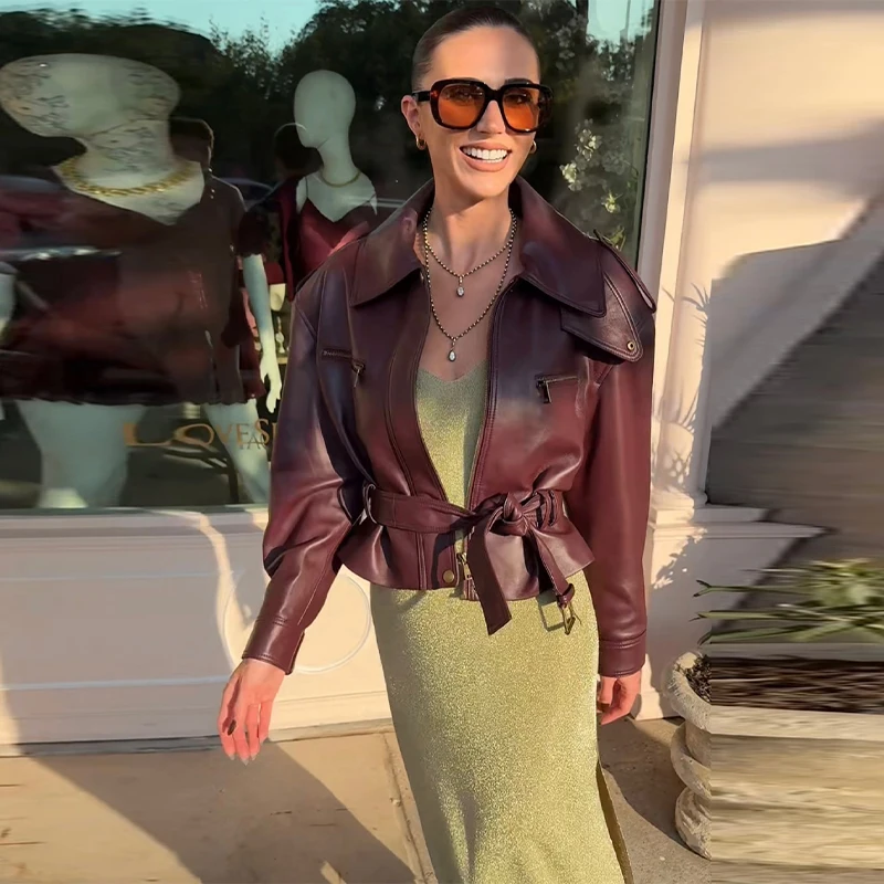 Vintage Women's Leather Jacket Stand Collar Pocket Short Coat Retro Waistband Zipper Outwear 2025 New Autumn Winter Lad Jackets