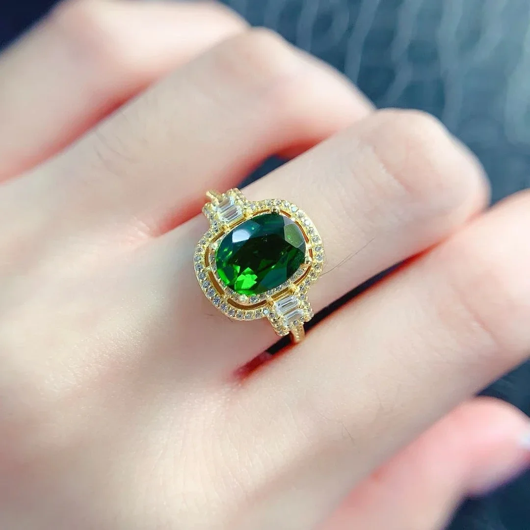 Luxury 925 Silver Diopside Ring for Party 6mm*8mm 1ct Natural Chrome Diopside Ring Vintage 18K Gold Plated Silver Jewelry