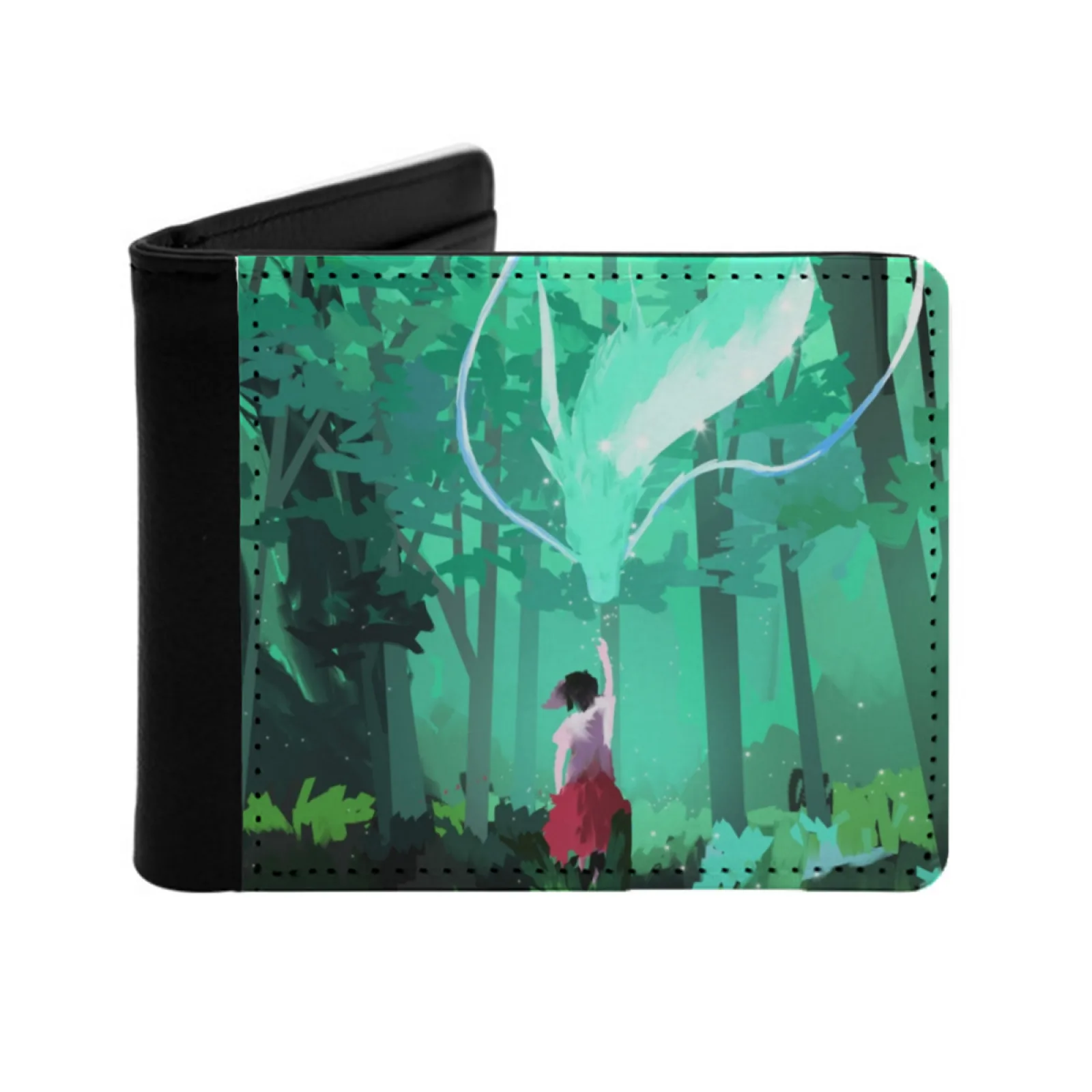 محافظ رجالية قصيرة حامل بطاقة الائتمان محفظة ريترو ذكر محفظة من جلد البولي يوريثان روح الروح الغابات طبيعة الأشجار فتاة خضراء ذهبت #1