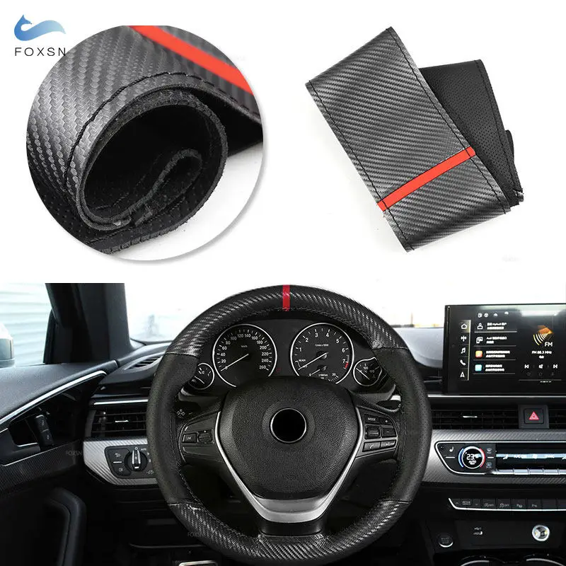 

Diameter 38cm DIY Hand-stitched Black Carbon Fiber + Perforated Leather Splice Car Steering Wheel Braid Cover Trim W/ red strip
