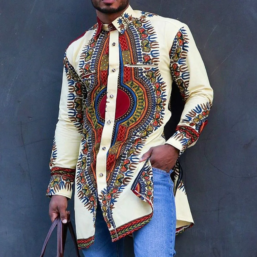 New Men's African Ethnic Style Shirt Digital Positioning Print Mid-Length Shirt Casual Versatile Style