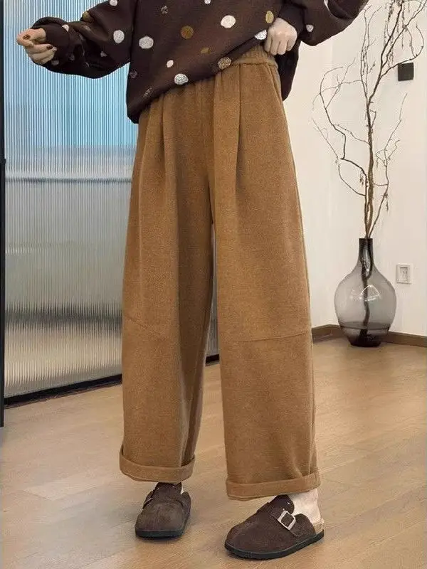 Pantaloni casual da donna taglie forti Bananas Fce foderati 9 punti Thi pantaloni a gamba larga a vita alta comodi e morbidi in fibra di poliestere