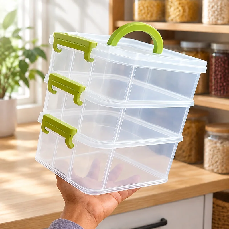 Transparent Portable Storage Box with Four Sections, Multi-Tier Drawer for Small Toys and Accessories