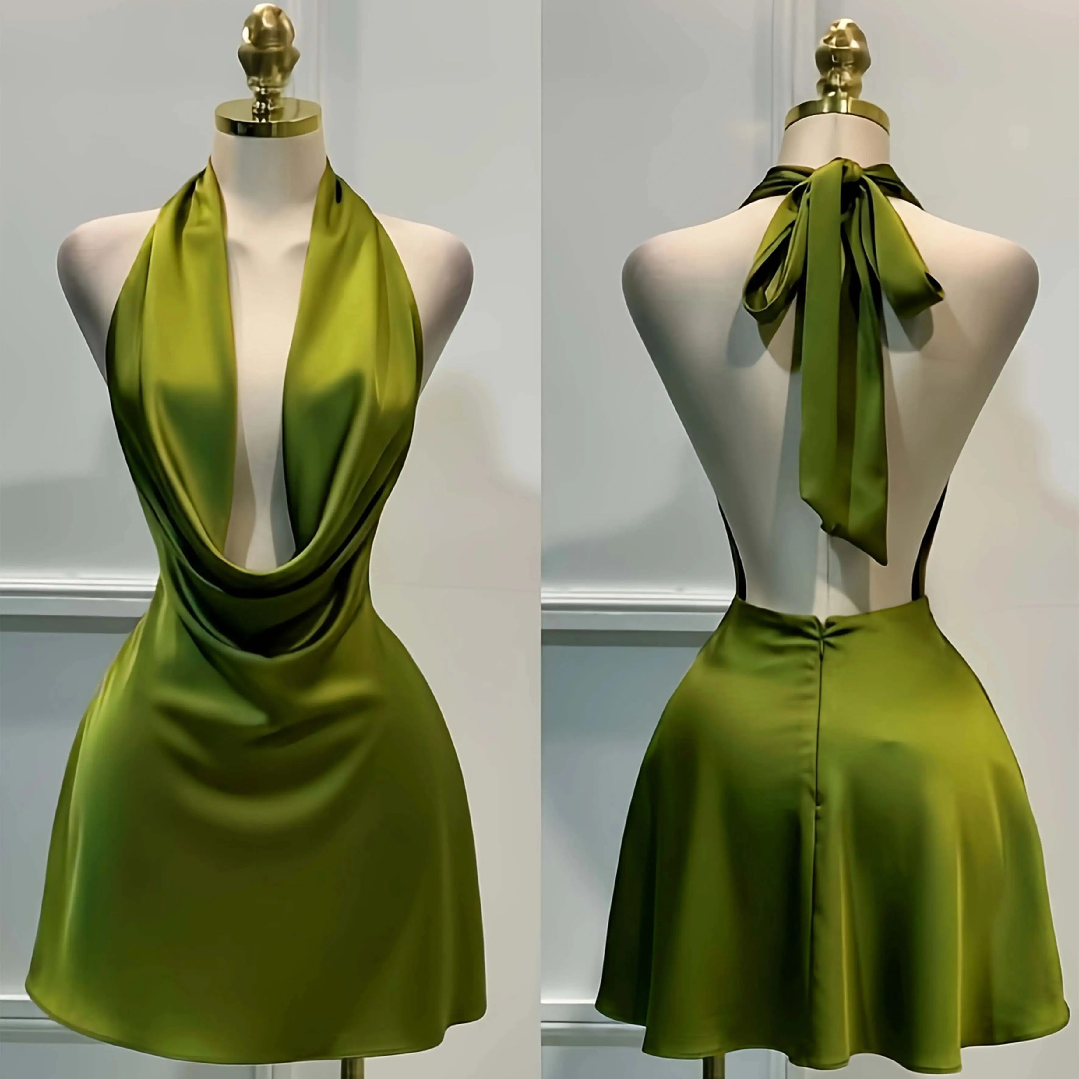Women Elegant Solid Satin Dress, Back Zipper Open Back Fitted Midi Dress, Casual Vacation Party Banquet Cocktail Gown