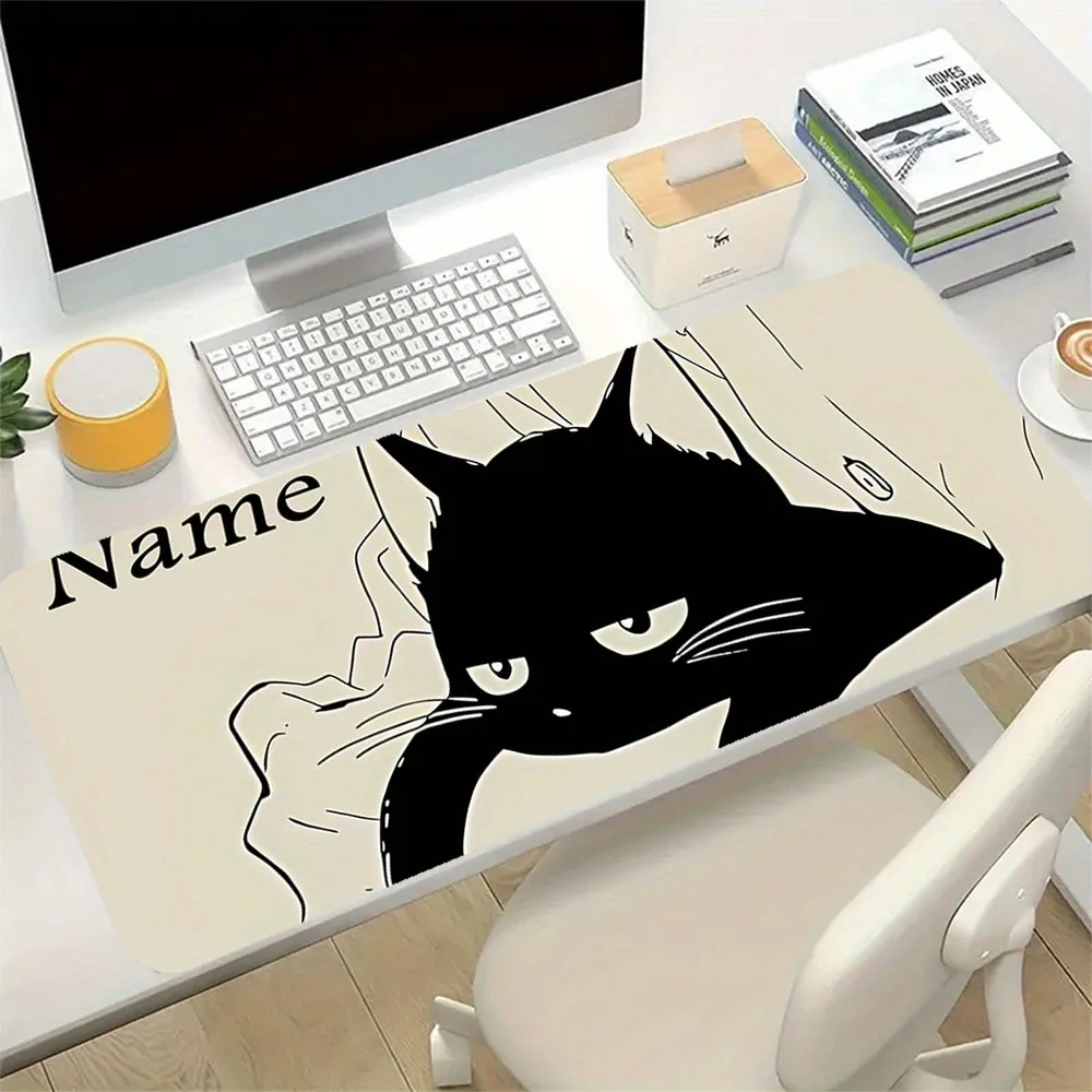 Cute Cat Outline Personalized Desk Mat With Custom Name, 2mm Soft Anti-Slip Rubber Pad, Smooth For Laptop PC