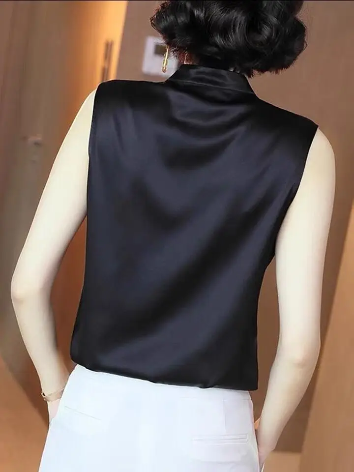 2025 صيف جديد المرأة تكدرت موضة وأنيقة قميص حريري الجليد الكورية نمط تنوعا خلات بلوزات من الساتان بلوزة أسود أبيض #4