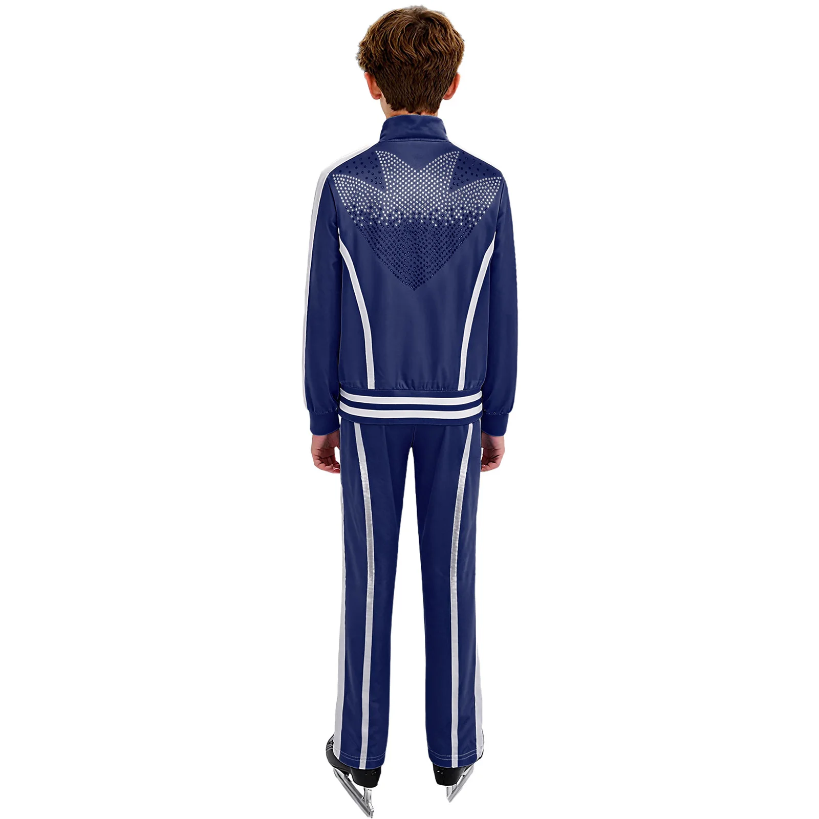 Conjuntos de patinaje artístico para niños, chándal deportivo, chaqueta con diamantes de imitación y pantalones, conjuntos para practicar actuación, espectáculo en escenario