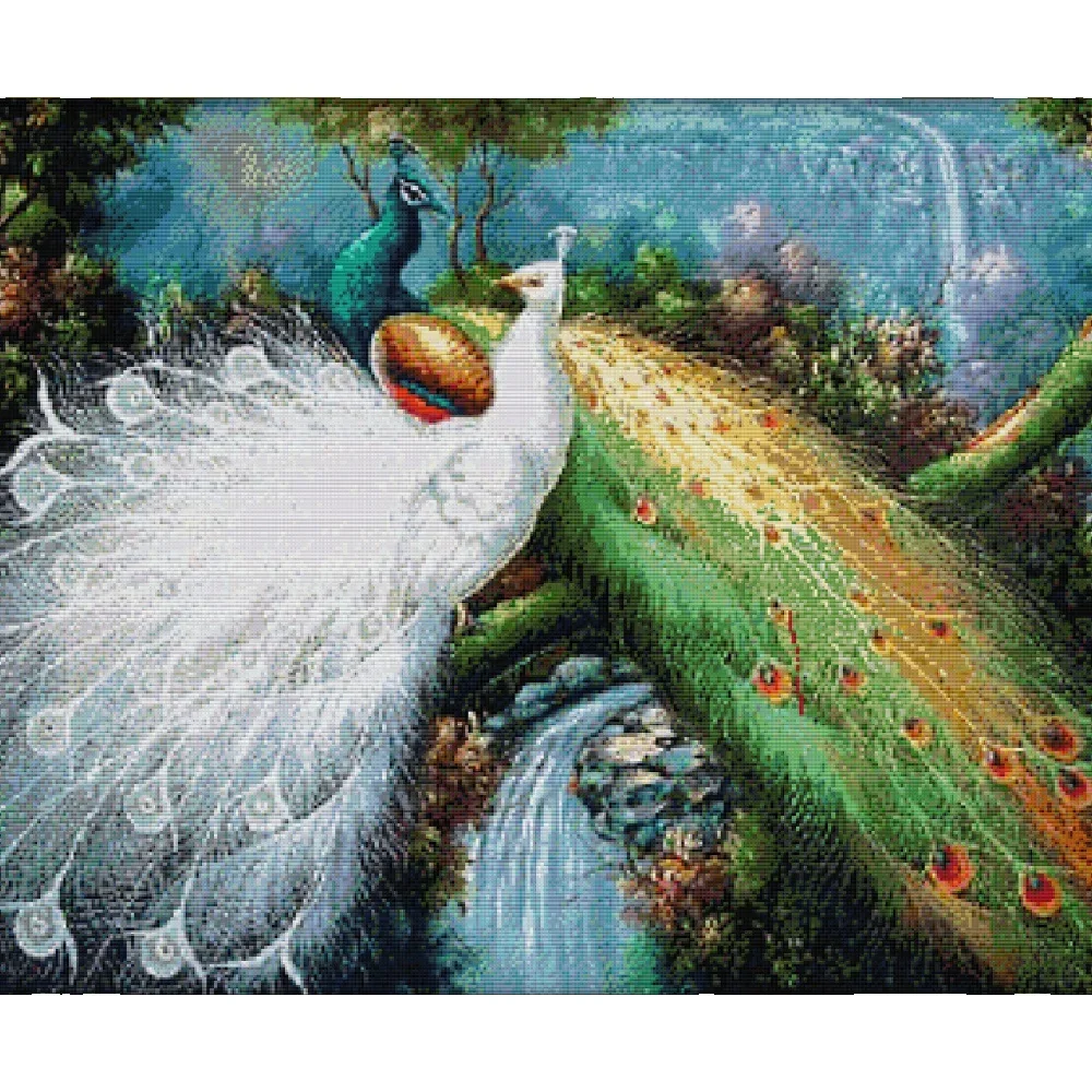 

Joy Sunday Pre-printed Cross Stitch Kit Easy Pattern Aida Stamped Fabric Embroidery Set-Peacocks In Green Forest(2)