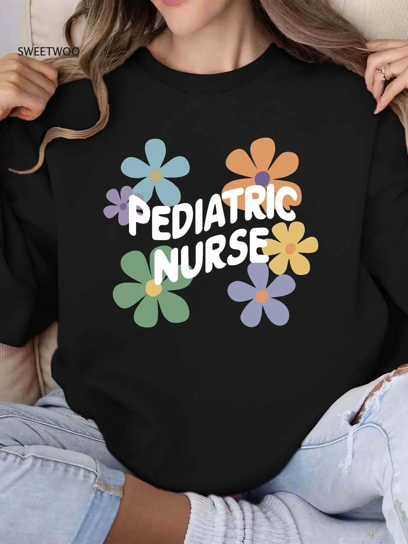 

Women's Casual Crew Neck Sweatshirt with Geometric Floral Pediatric Nurse Graphic Print, Knit Fabric, Fall/winter Fashion