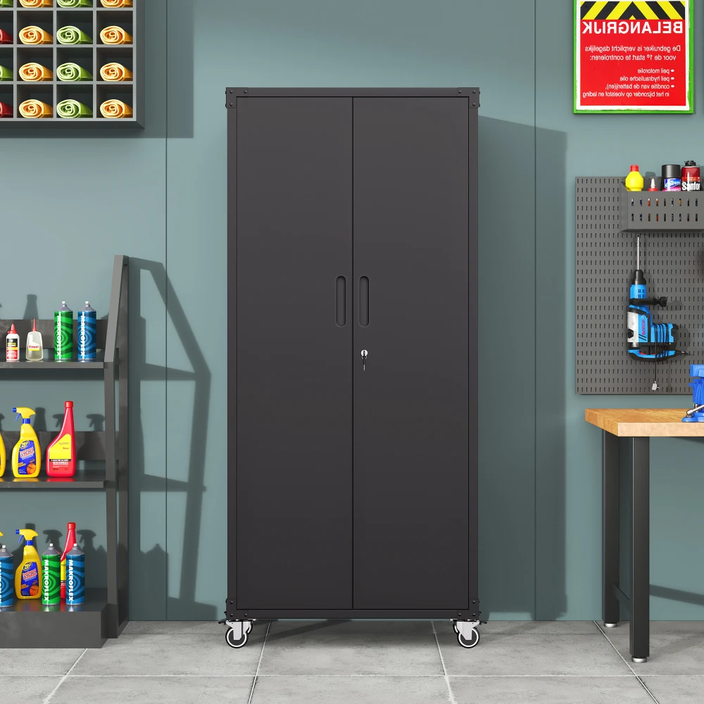 

71' All-Black Metal Garage Storage Cabinet with Wheels - Heavy-Duty Tool Organizer for Home, Office, School & Garage