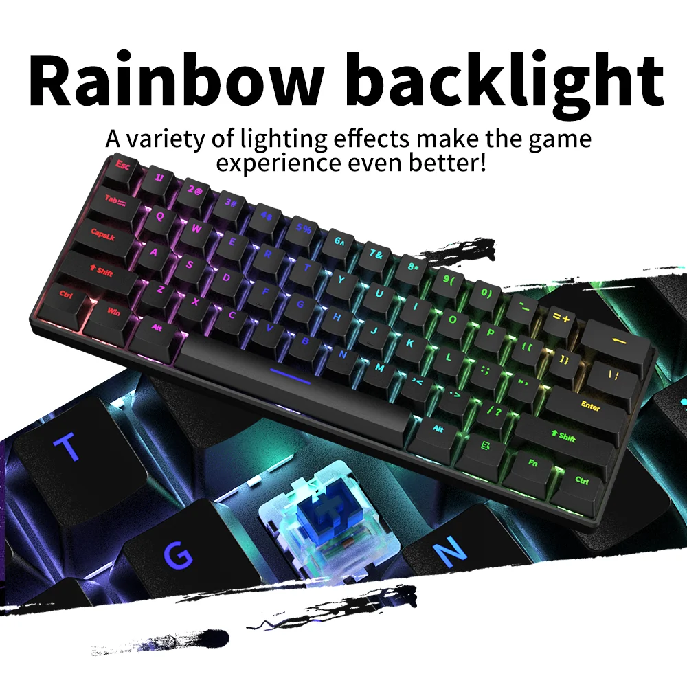 ZIFRIEND New H61K Gaming Mechanical Keyboard 61 Keys Red Blue Brown Switch Wired USB Detachable Cable RGB Backlit Hot Swappable