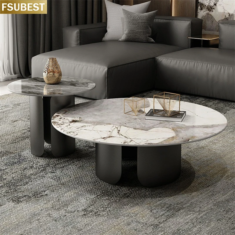 Round Gold Staonless Modern Contemporary Living Room Marble Nesting Tea Center Coffee Tables Set Of 2  mesas