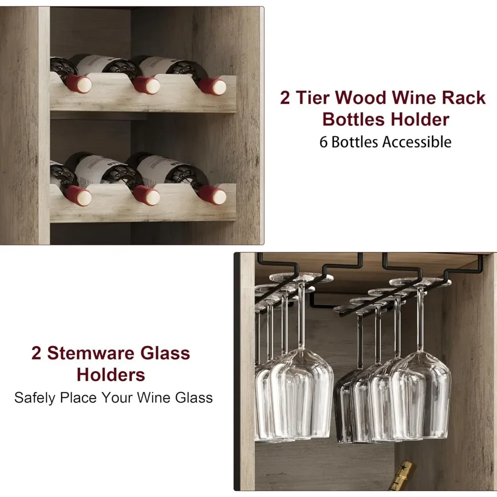 Stylish Wine Bar Rack Cabinet - Freestanding Wine Cabinet with Glass Rack and Bottle Holders | Industrial Bakers Rack