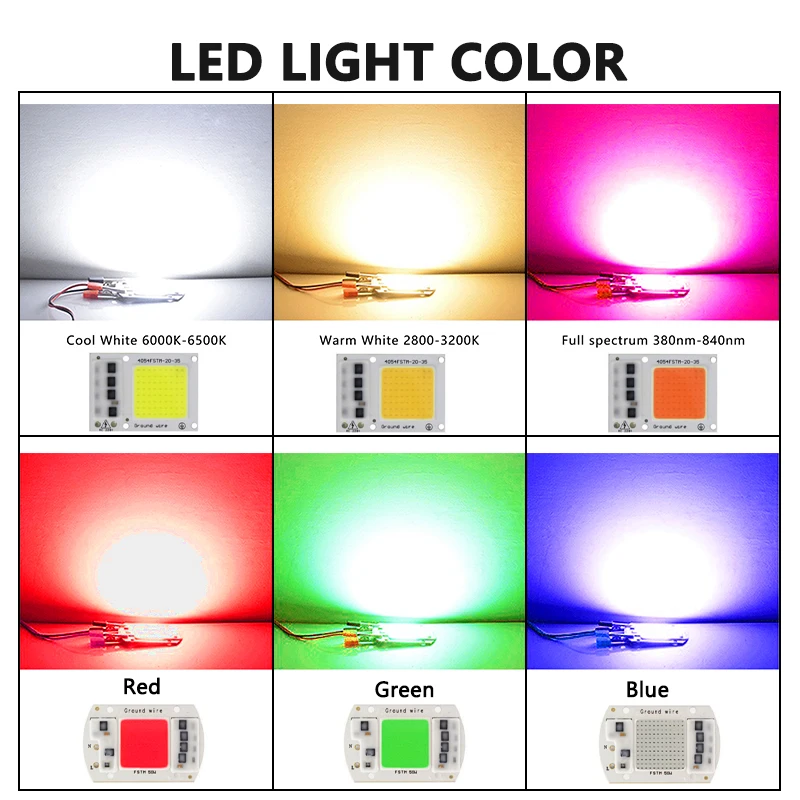 AC 220V LED COB Lamp Beads 10W 20W 30W 50W High Voltage Driver-Free Warm White Full Spectrum Red Green Blue Linear Light Source