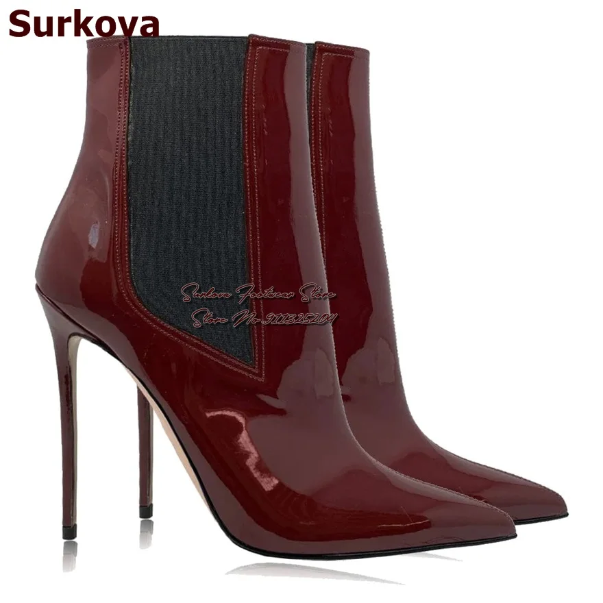 Surkova Burgundy Black Patent Leather Elastic Band Ankle Boots Stiletto Heel Pointed Toe Patchwork Dress Shoes Stretchy Booties