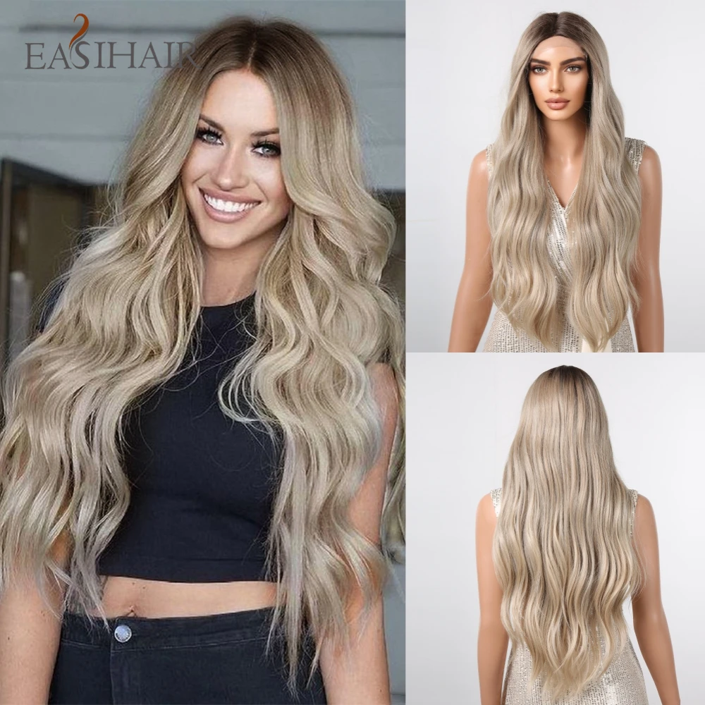 EASIHAIR Light Brown Long Wavy Synthetic Lace Wigs with Baby Hair Gray Ash T Part Lace Front Wig for Women Daily Heat Resistant