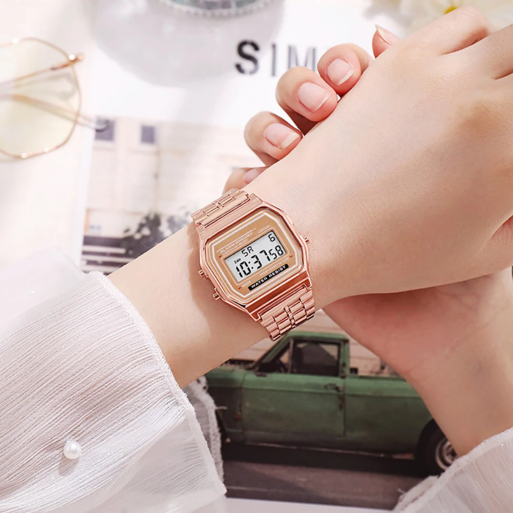 Elegant Digital Watch For Women Gold Silver Stainless Steel Business Ladies Electronic Wrist Watches Man Clock Zegarek Damski