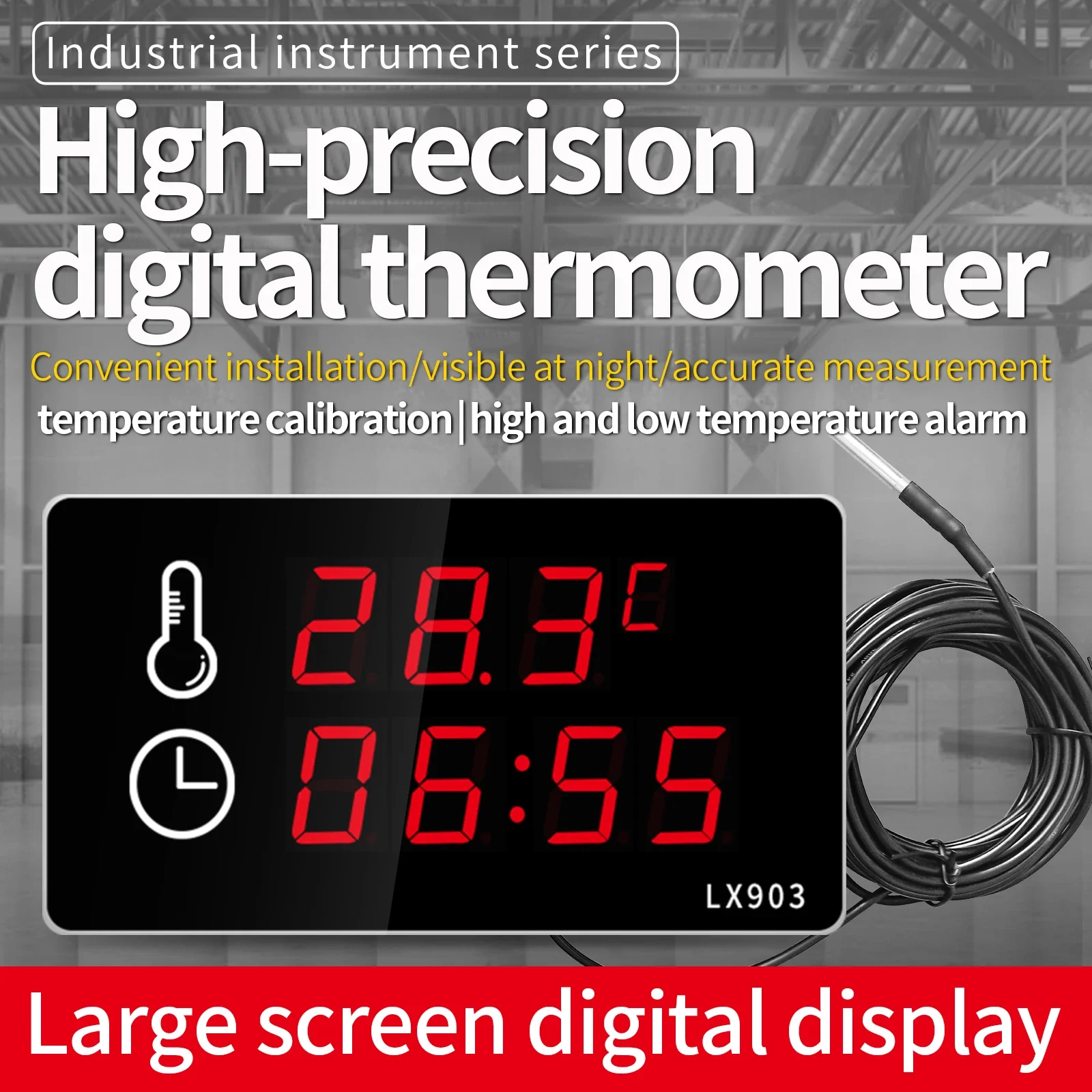 Large screen LED display wall mounted industrial thermometer instrument clock with external waterproof probe swimming pool