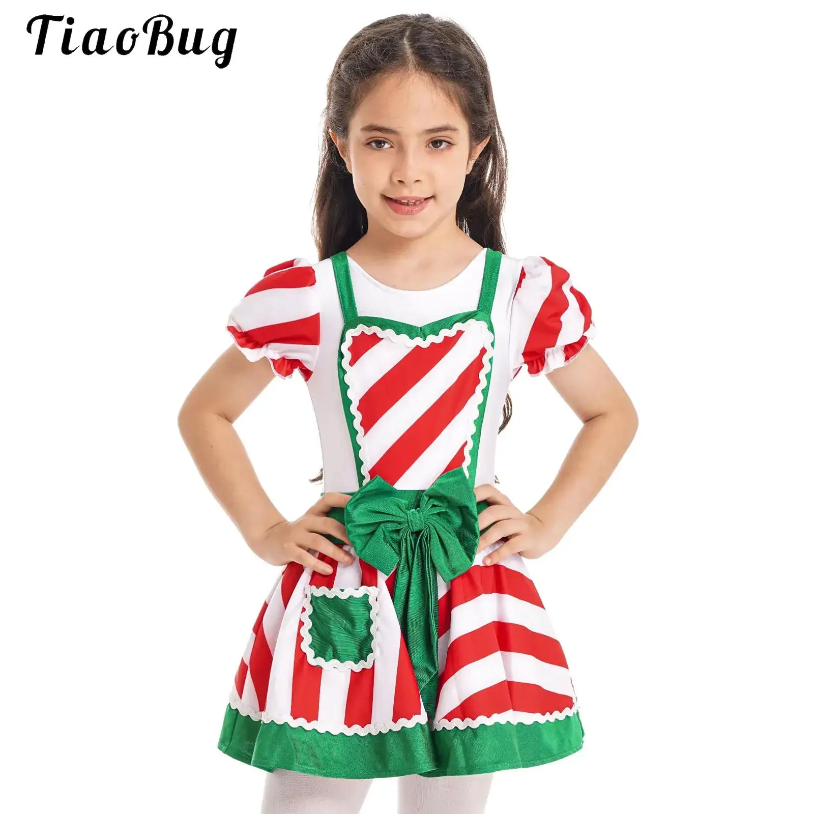 

Kid Girls Miss Santa Claus Dress Candy Cane Striped Bowknot Tutu Leotard Figure Ice Skating Dress Christmas Ballet Dance Costume