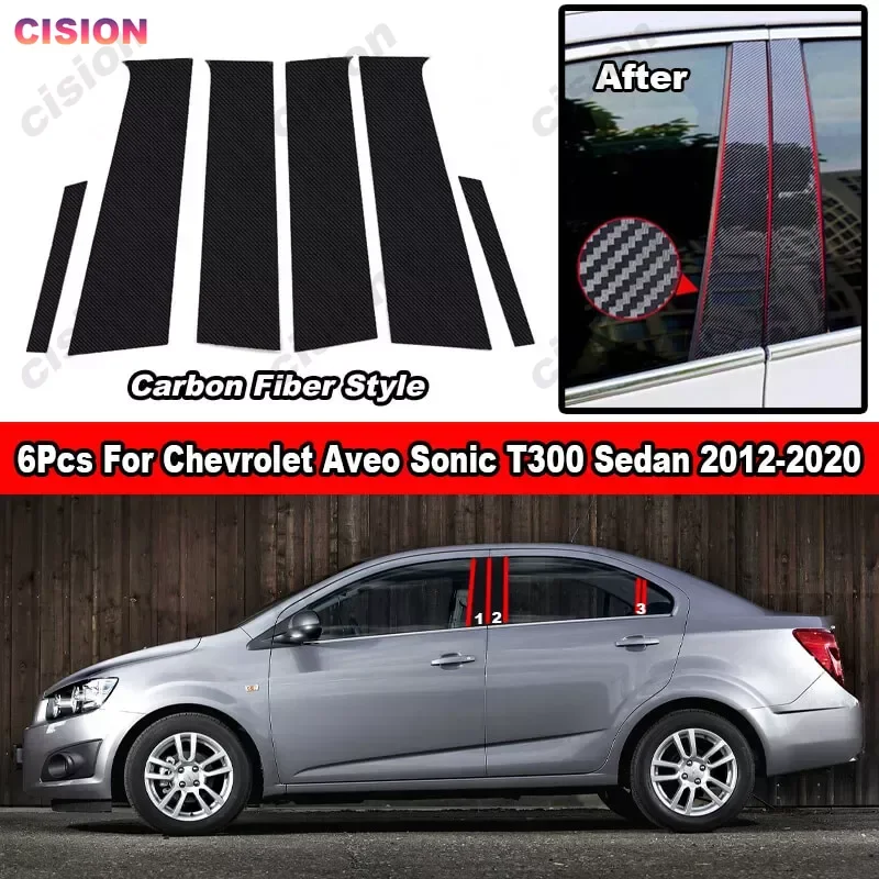 Glossy Carbon Fiber Car Door Window Center Middle Column B Pillar Post Cover Trim PC Sticker For Chevrolet Aveo Sonic Sedan T300