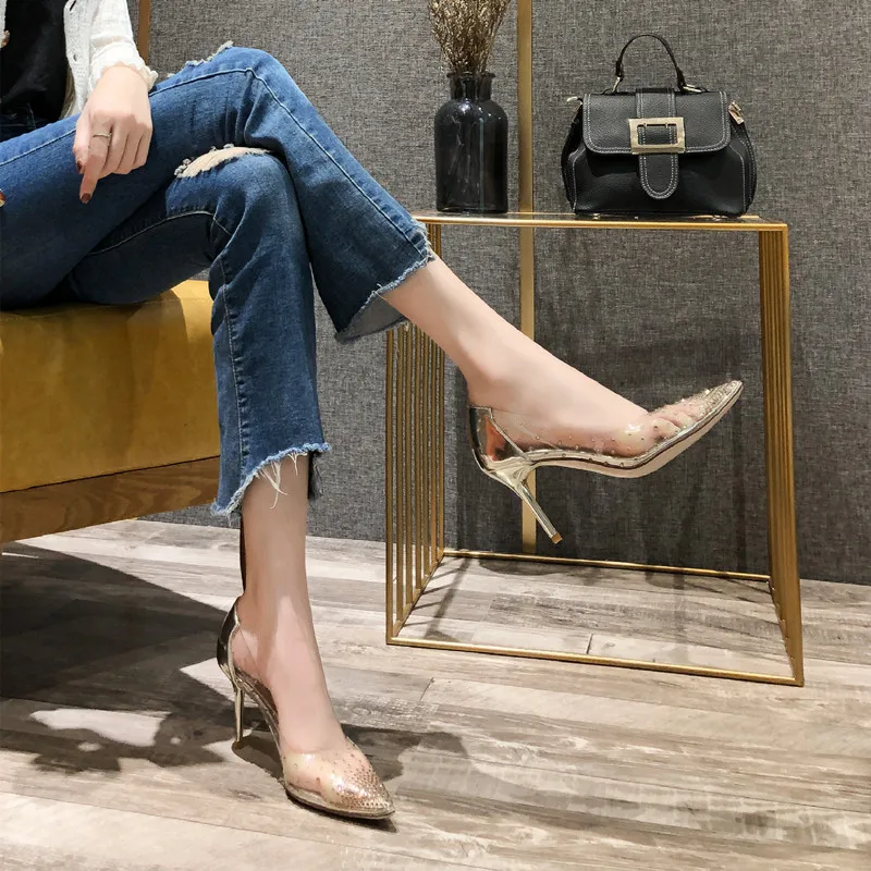 New rhinestone transparent French high heels for women, slim heels, pointed toes, versatile, internet famous, sexy single shoes
