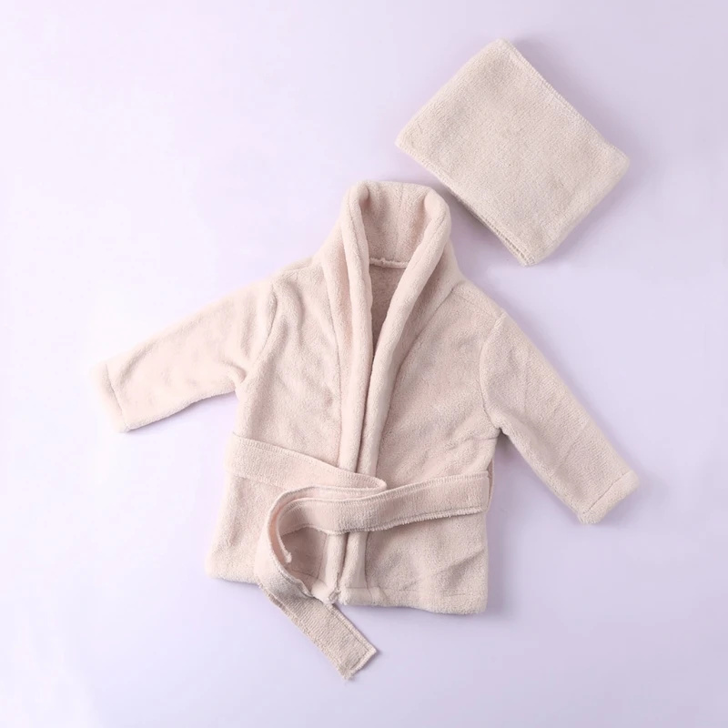 Newborn Baby Flannel Robe Bathrobe and Bath Towel Blanket Set Solid Color Photography Props Outfit for Boys Girls Posing D5QA