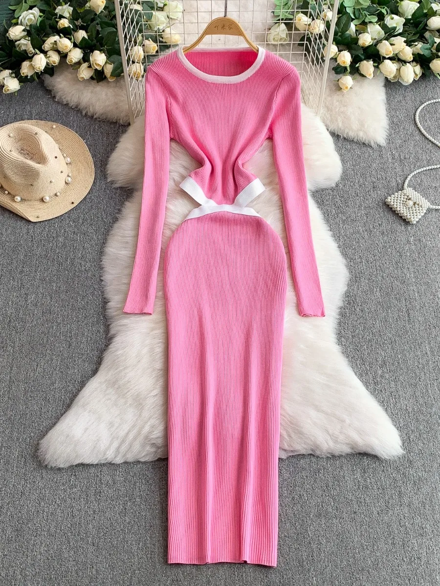 Foamlina outono manga longa cintura cinched malha bodycon vestido estilo europeu design elegante corte cintura sexy chique camisola vestido