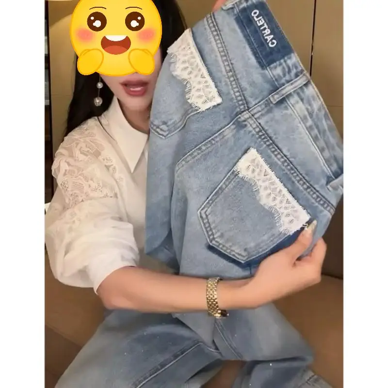 

Весна 2024, узкие прямые джинсы с высокой талией, женские кружевные лоскутные джинсы с бриллиантами, узкая версия, широкие длинные брюки