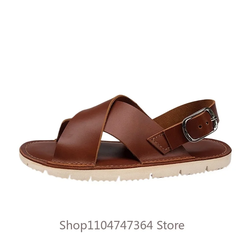 Handmade Genuine Leather Beach Shoe Men's Sandals Casual Cowhide Breathable Roman Sport Soft Sole Comfortable Open Toe Brown