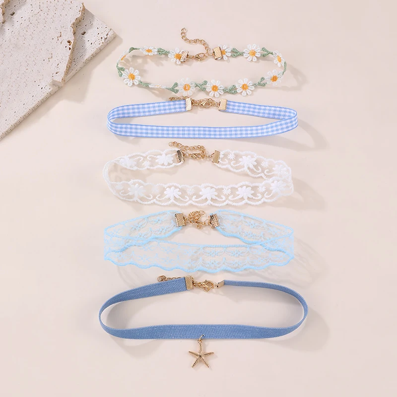 5pcs/set Charming Lace & Plaid Floral Choker – Soft Ribbon T