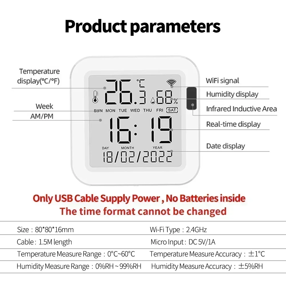 Tuya Temperature and Humidity Smart Sensor With Backlight for Smart Home var WiFi SmartLife Work with Alexa Google Assistant