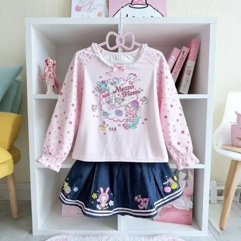 

Kawaii розовая футболка с длинными рукавами + джинсовая короткая юбка, комплект из 2 предметов, женская одежда, милые джинсовые юбки с вышивкой для девочек, новая милая одежда