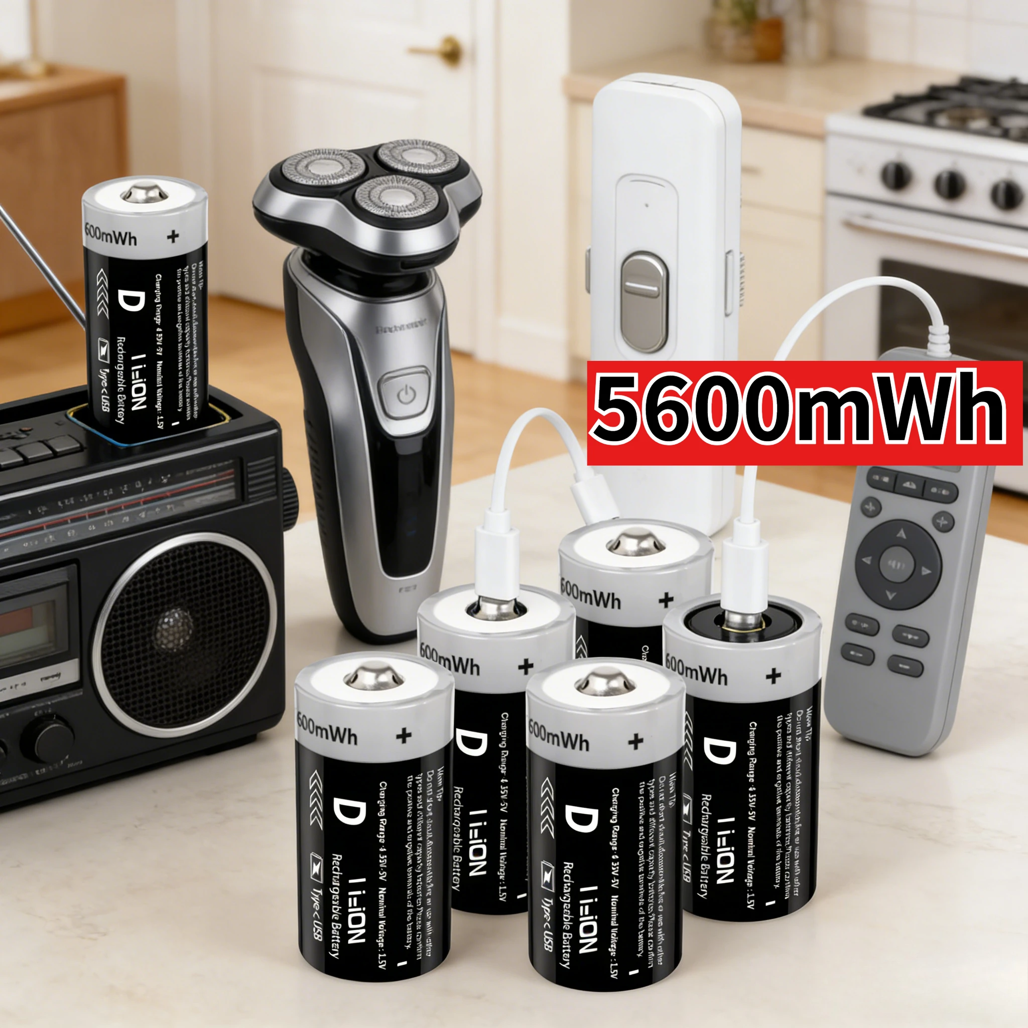 1.5V 5600mWh USB Rechargeable D Size Battery LR20 Lithium-ion D-Cell Battery for Gas Cooker Water Heater Flashlight Radio