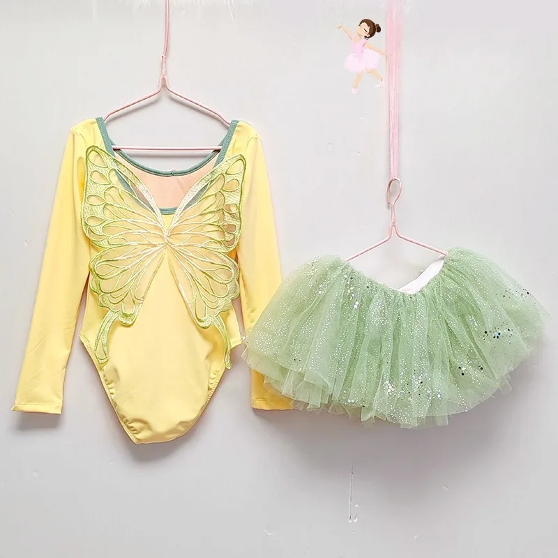 Long Sleeve Back Butterfly Sequin Tulle Tutu Ballet Leotard Gymnastics Outfit Daily Training Stage Performance Casual Dance Wear