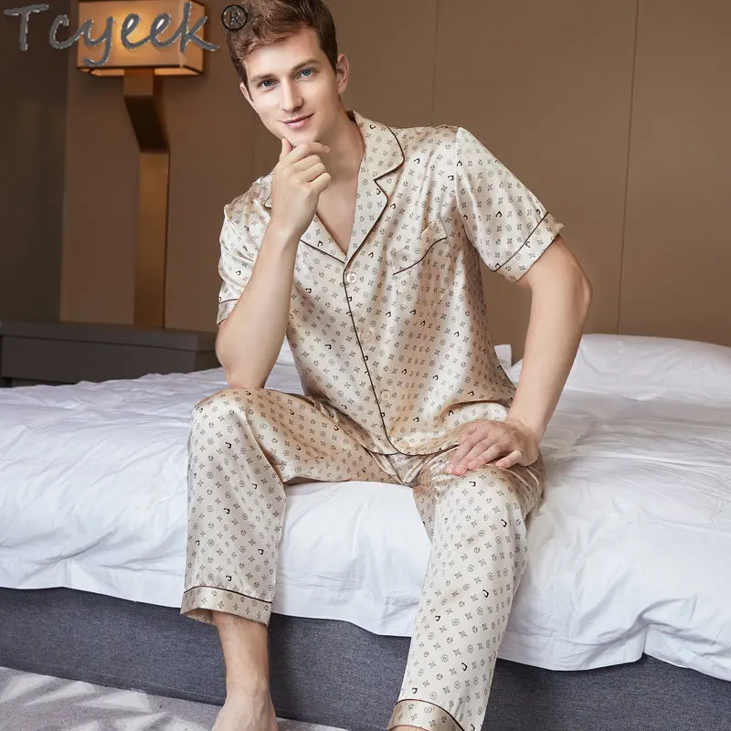 Tcyeek 100% Mulberry Silk Pajamas Men's Clothing Summer Two Piece Set Real Silk Pajamas for Men New Thin Homewear пижама мужская