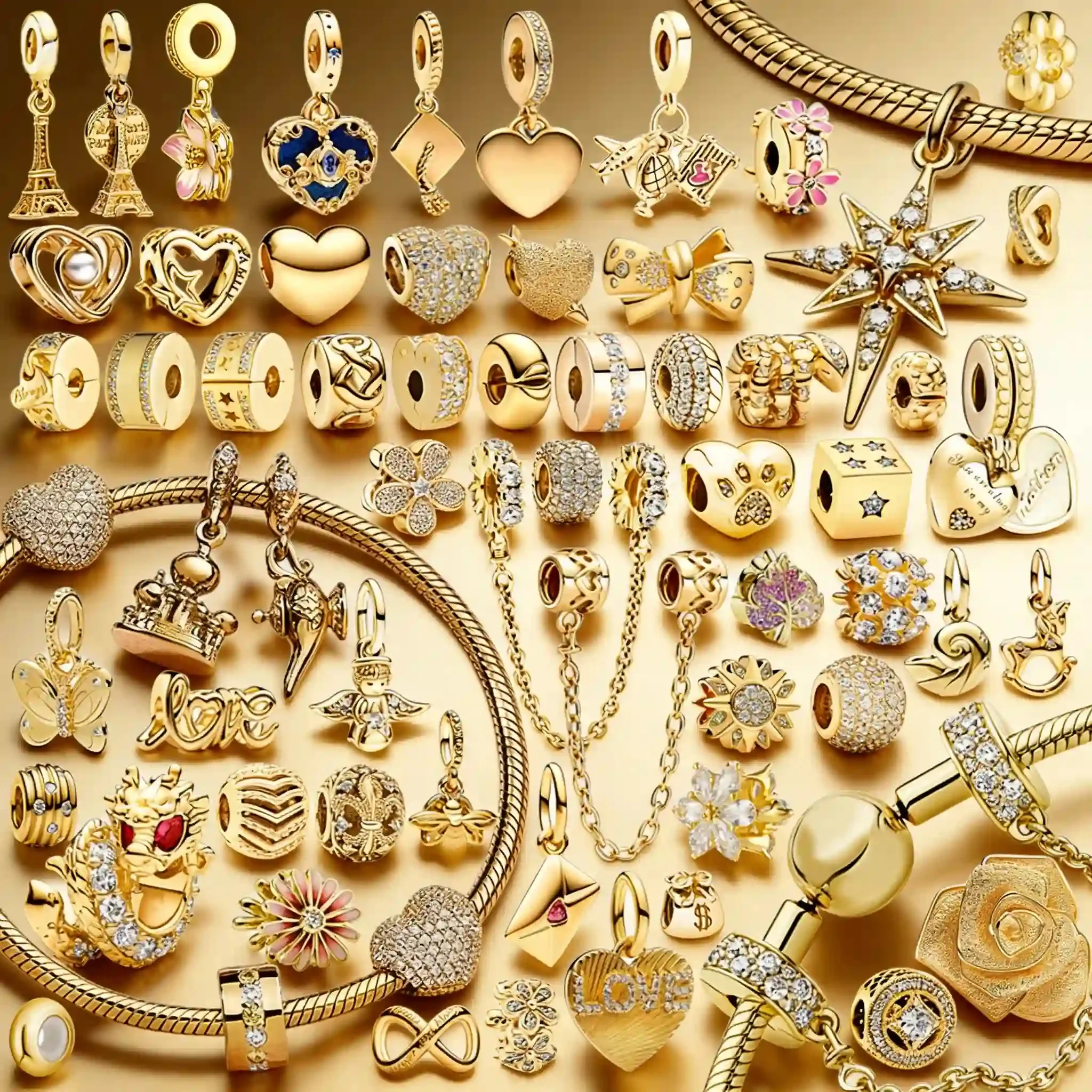 

Подарки для самостоятельного изготовления украшений: Сверкающие золотые бусины-шармы в виде Северной звезды, любовного письма, узла бесконечности и распустившейся розы, подходящие для оригинальных серебряных браслетов 925 пробы.