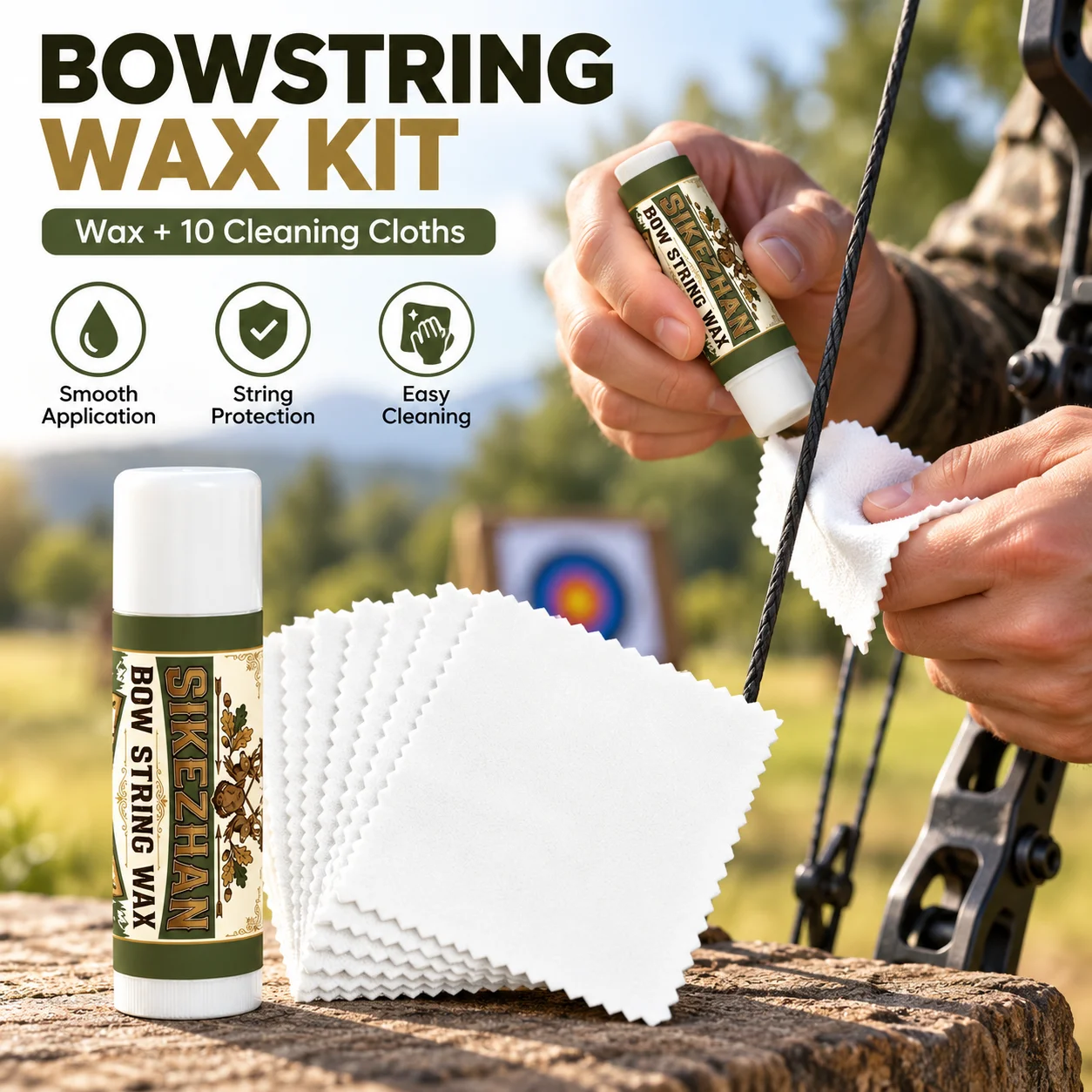 SIKEZHAN 6g Archery Bow String Wax + 10Pcs Wax Cloth, Universal for Crossbow Compound Recurve Bows, Protects & Prevents Fraying