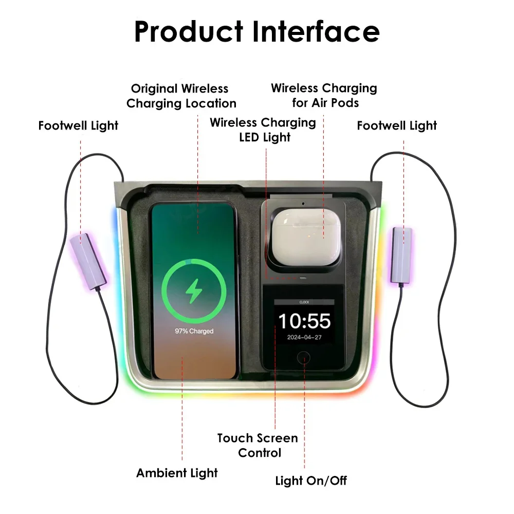 2024 New Wireless Charger For Tesla ModelY Model3 2021+ Air Pods Dynamic Ambient Light Footwell Lamp Lossless Installation