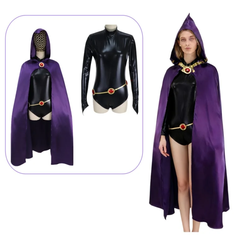 タイタンズレイブンコスプレ衣装スーパーヒーローマントジャンプスーツ全身タイツハロウィンファンシーボールスーツ黒ボディスーツ紫フード付き
