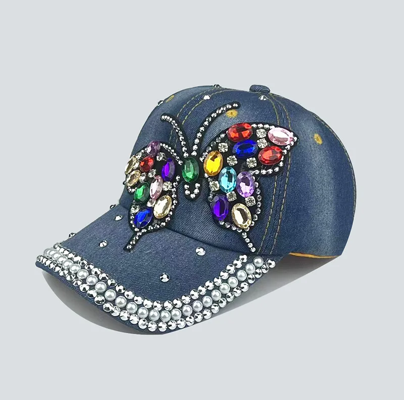 2024 Fashion Inlaid Drill Butterfly Cowboy Baseball Cap Shopping Holiday Street Hip-hop Rebound Cap Outdoor Sunscreen Sun Hat