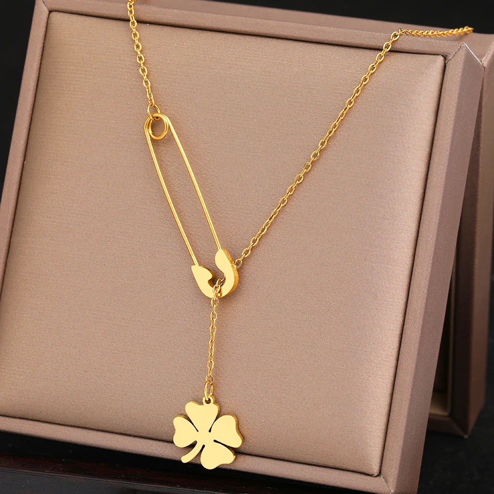 Stainless Steel Necklaces Paperclip Design Senior Fashion Vintage Classic Clover Pendant Chain Choker Necklace For Women Jewelry