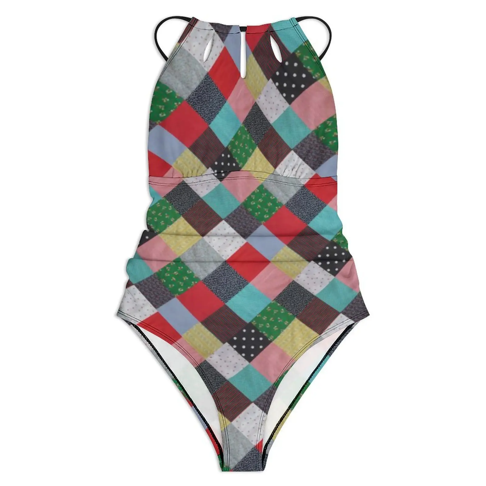Squares Of Patchwork Swimsuit Colorful Vintage Pattern Swimwear One Piece Holiday Swim Swimsuits Hollow Out Monokini Women